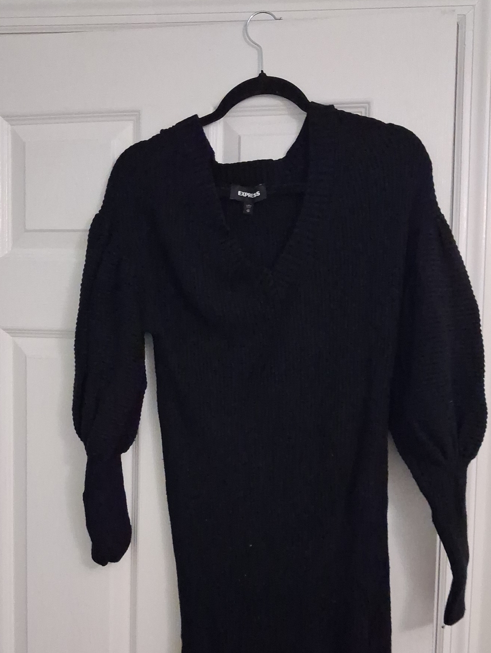 Express Black V-Neck Puff Sleeve Knit Sweater Dress